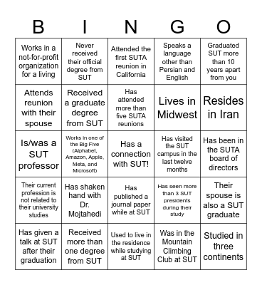 SUTA Reunion 2024, Niagara Falls Bingo Card