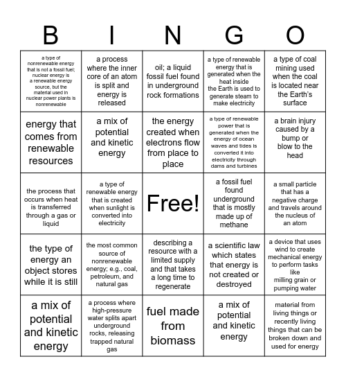 Unit 2: energy Bingo Card