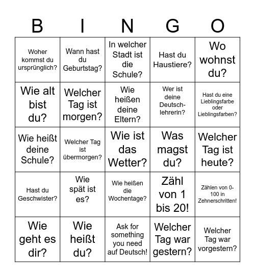 DEUTSCH 1 Intro Fragen Bingo Card