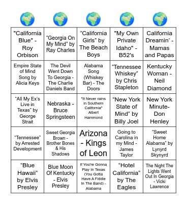 MUSIC BINGO - SONGS WITH STATES IN THE TITLE Bingo Card