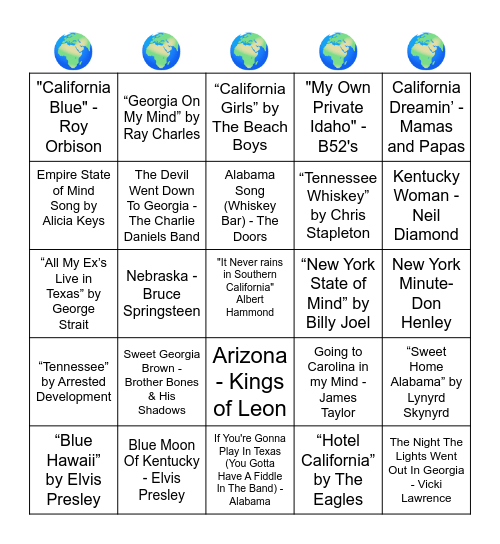 MUSIC BINGO - SONGS WITH STATES IN THE TITLE Bingo Card