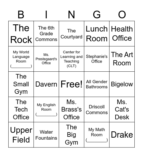 6th Grade Orientation Bingo Card