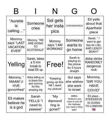 Richter Family vacation Bingo Card