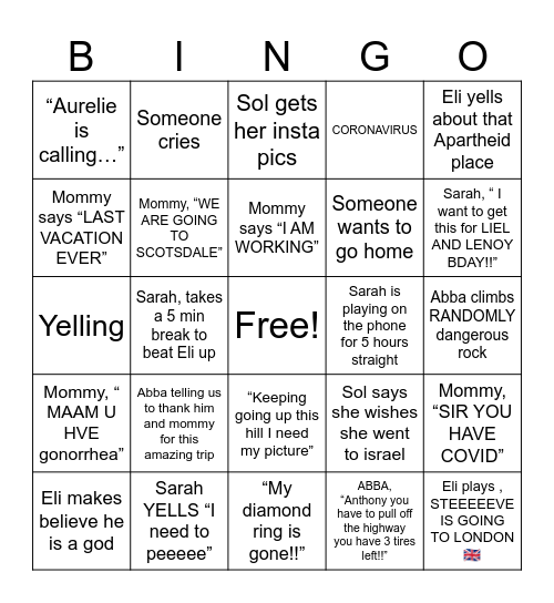 Richter Family vacation Bingo Card