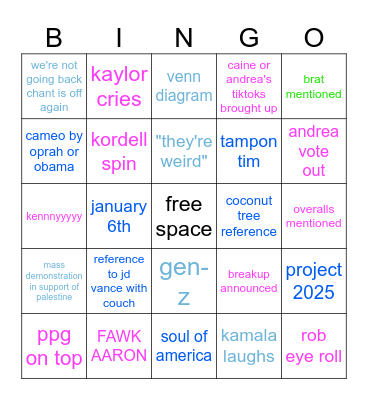 Love Island Reunion and DNC Bingo Card Bingo Card