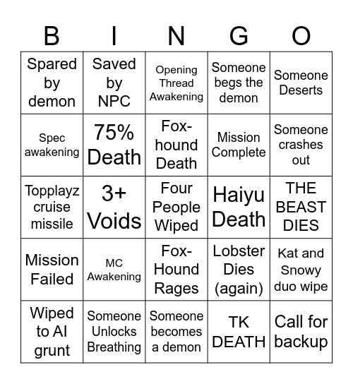 THEATRE DEMON BINGO Card