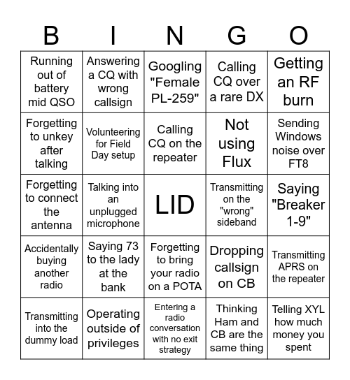 Ham Radio LIDs Bingo Card