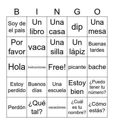 Spanish I Bingo Card