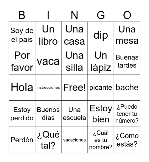 Spanish I Bingo Card