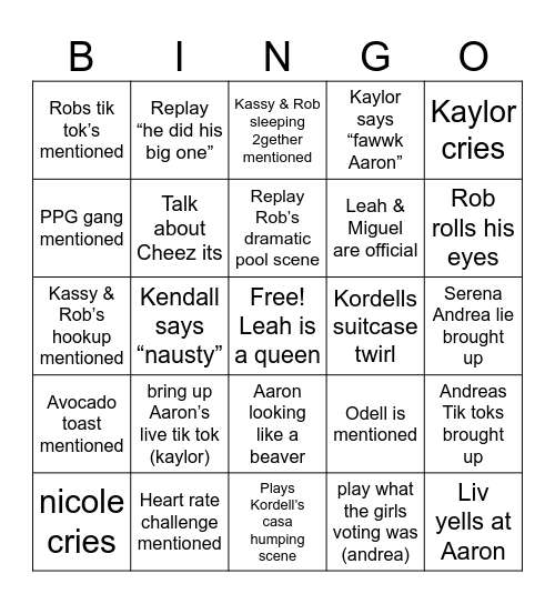 Love Island Reunion Bingo Card