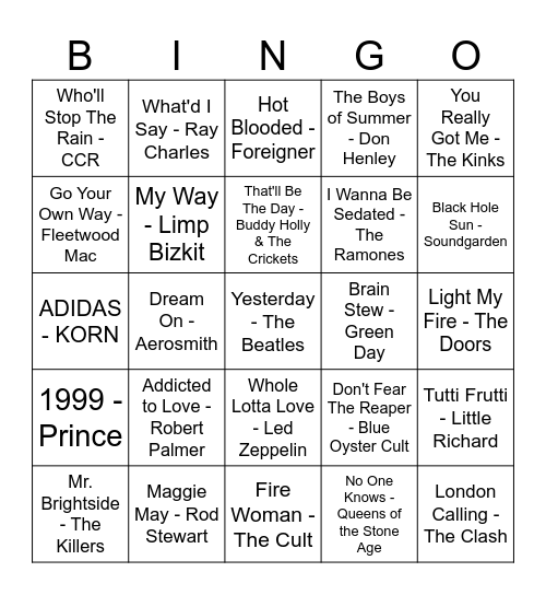 The School of Rock Bingo Card