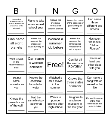 School Human Bingo (Science) Bingo Card