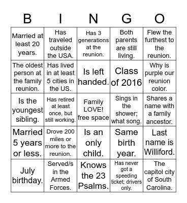 WILLIFORD FAMILY REUNION Bingo Card