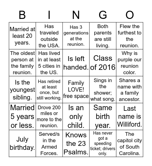 WILLIFORD FAMILY REUNION Bingo Card