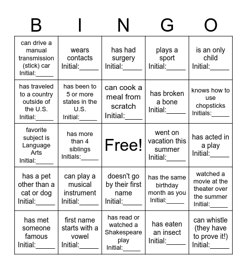 Find Someone Who/Whose... Bingo Card