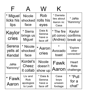 Love Island Reunion Bingo Card