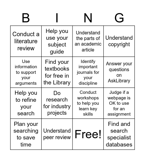 Subject Librarian Bingo Card