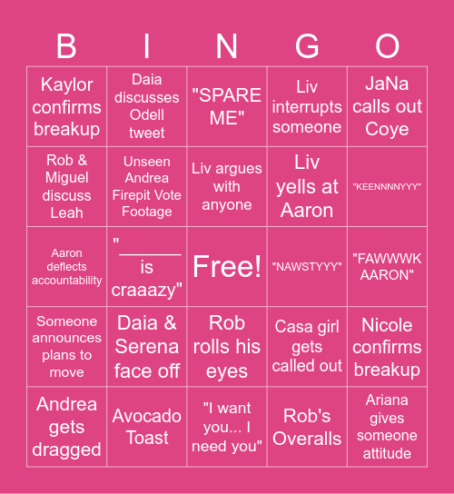 Love Island USA Season 6 Reunion Bingo Card