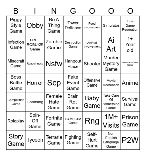 7X7 Roblox Game's Bingo Card