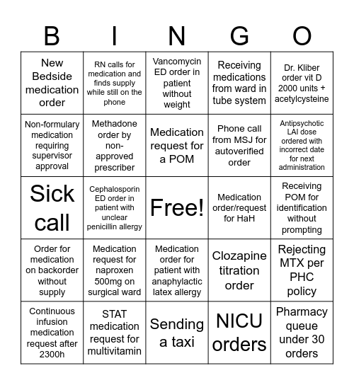 Pharmacy Bingo Card