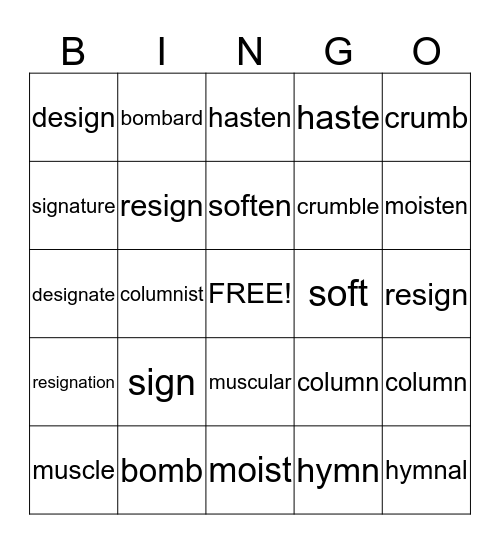 Silent Consonant v. Sounded Consonant Bingo Card