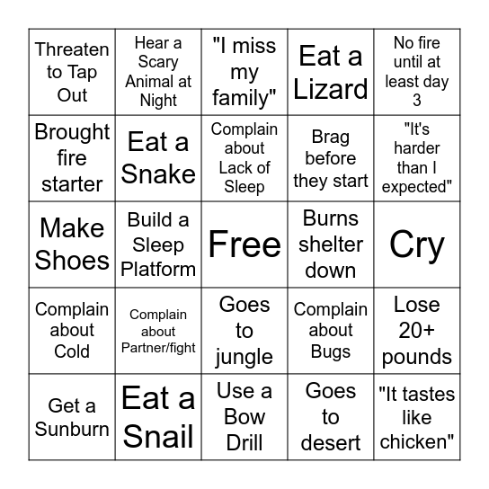 Naked and Afraid Bingo Card