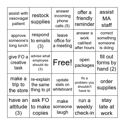 Clinic Manager Bingo Card