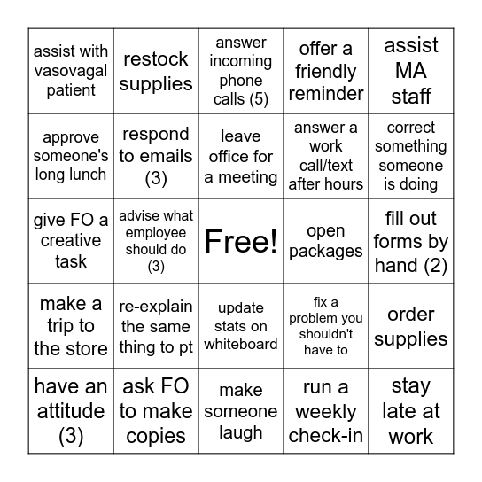 Clinic Manager Bingo Card