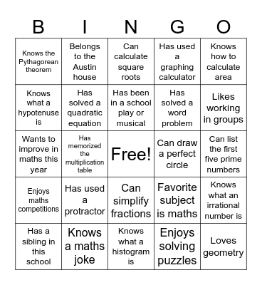 Maths Bingo Card