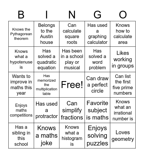 Maths Bingo Card