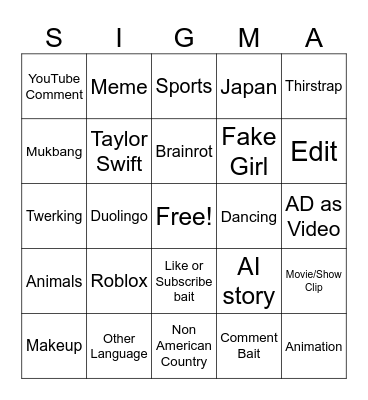 YouTube Shorts Bingo Card