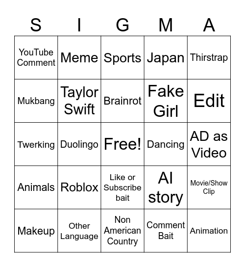 YouTube Shorts Bingo Card