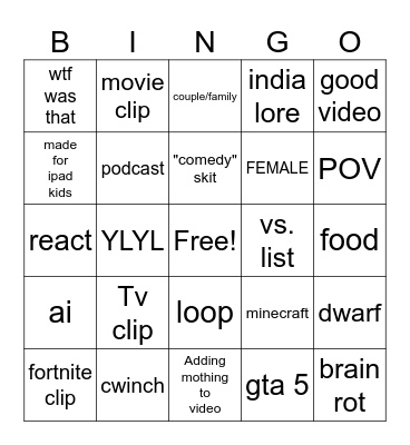 youtube shorts bingo Card