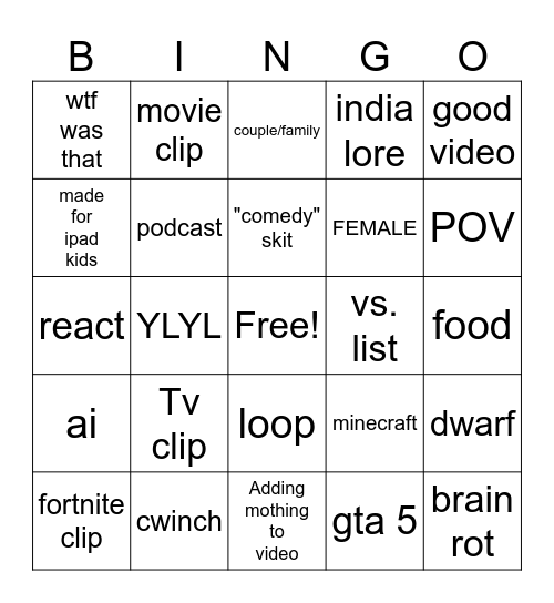 youtube shorts bingo Card