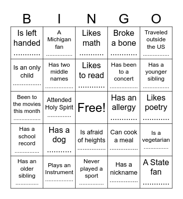 Back to School Bingo Card