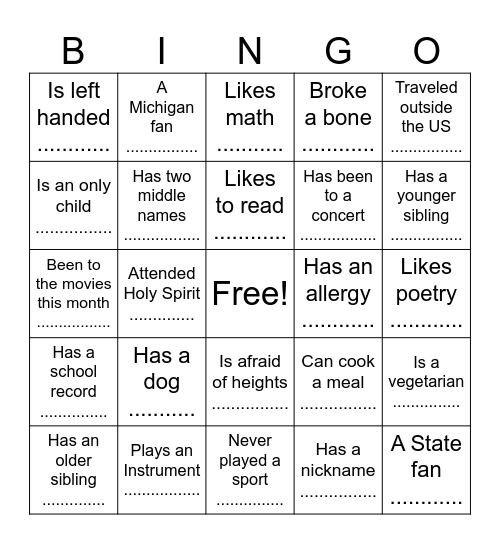 Back to School Bingo Card