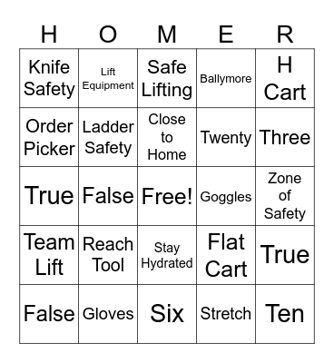 Safety Bingo Card