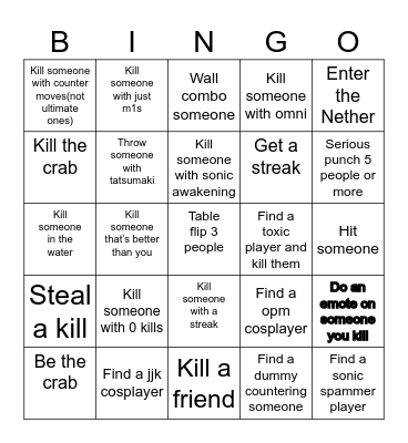 1v1 Bingo Card