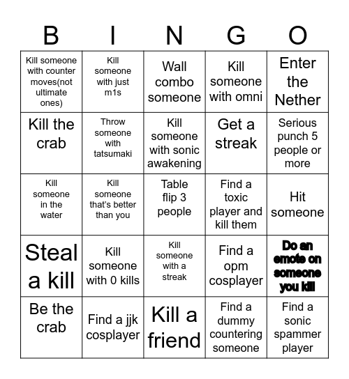 1v1 Bingo Card