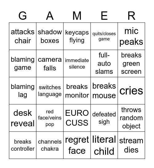 Gamer rage bingo personal Bingo Card