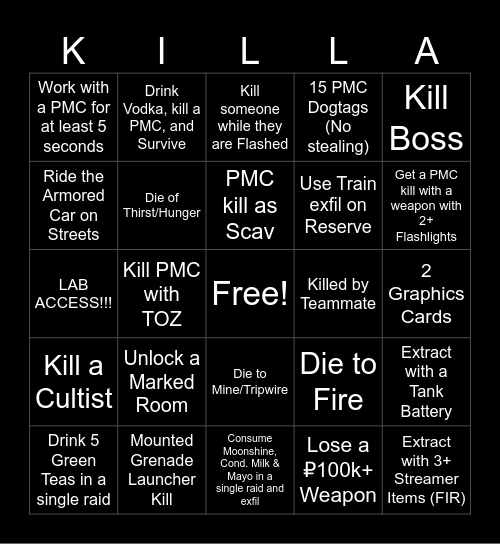 Tarkov Bingo Card