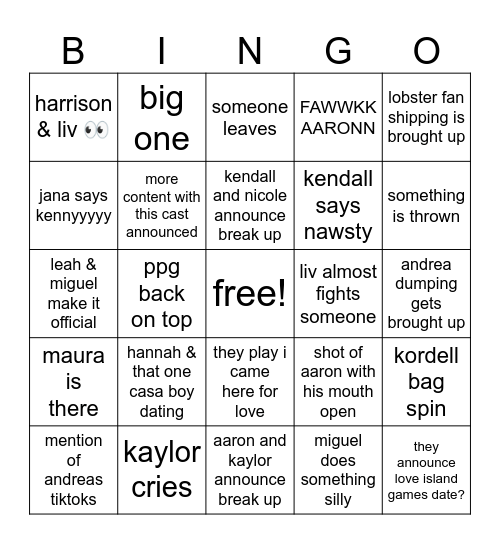 LOVE ISLAND USA REUNION BINGO Card