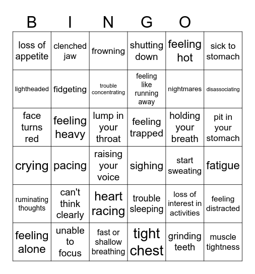 Emotional Cues Bingo Card