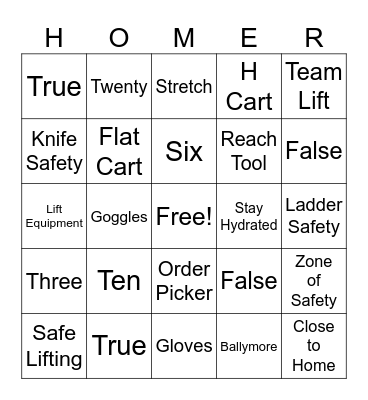 Safety Bingo Card