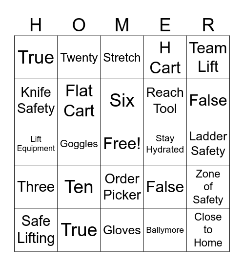 Safety Bingo Card