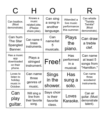 Choir Bingo Card