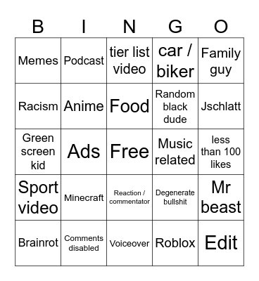 YT Shorts bingo Card