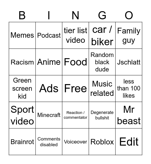 YT Shorts bingo Card