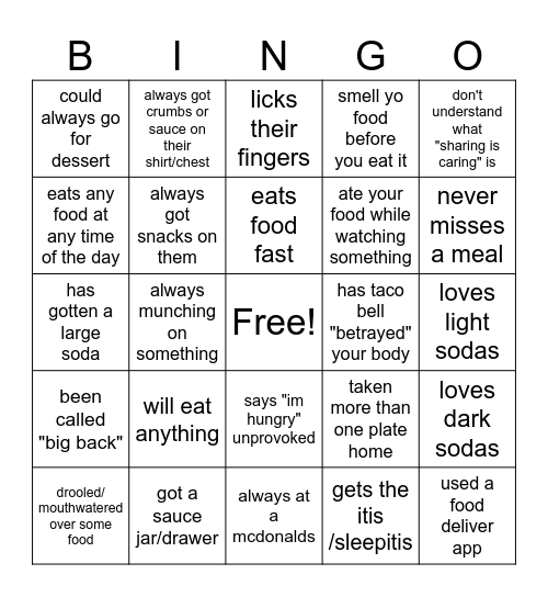 Foodie Bingo Card