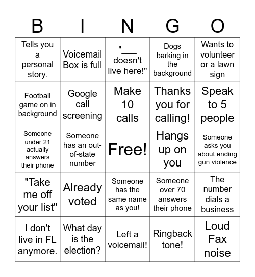 Phone Bank Bingo Card